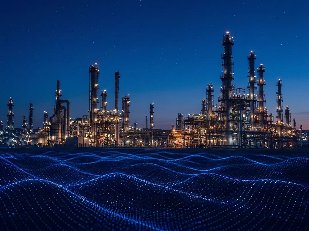 Gas processing facility at dusk above a field of flowing measurement data